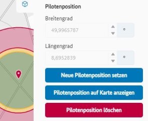 Volumenplanerauschnitt zum Setzen der Pilotenposition mit den Schaltern "Neue Pilotenposition setzen", Pilotenposition auf Karte anzeigen" und "Pilotenposition löschen"