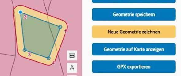 Volumenplanerausschnitt mit Kartendarstellung des Betriebsvolumens. Ein Geometriepunkt ist zum Verschieben ausgewählt.