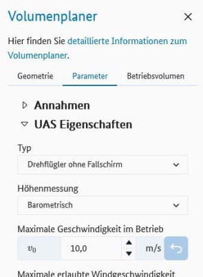 Menü "Parameter" mit den Rubriken für "Annahmen" und "UAS Eigenschaften". Die Rubrik "UAS Eigenschaften" ist geöffnet 