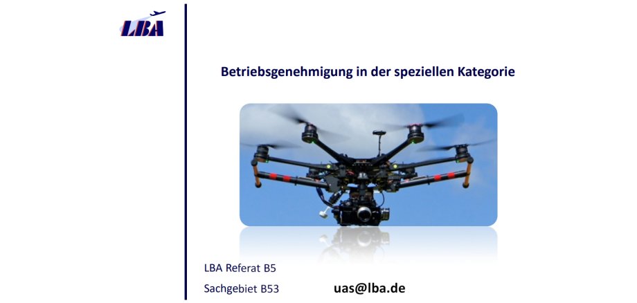 First page of the PDF document with information about the operational authorization in the ‘specific’ category with a picture of a drone.