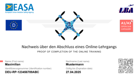 Sample of drone proof of compentence Sample of a EU certificate of competency, including logos of EASA, LBA and a QR-code, issued for A1/A3 category. Text: Proof of completition of the online training. Issued to Maximilian Mustermann.