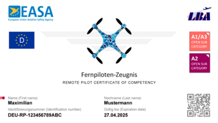 Sample of remote pilot certificate Sample of a Certificate of remote pilot competency, including logos of EASA, LBA and a QR-code, issued for A1/A3 and A2 category. Text: remote pilot certificate of competence. Issued to Maximilian Mustermann.