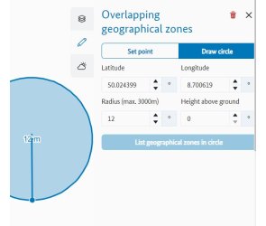 Drawing circle dialog when first point is set, but second point has to be set. 'List geographical zones' is still not activated.